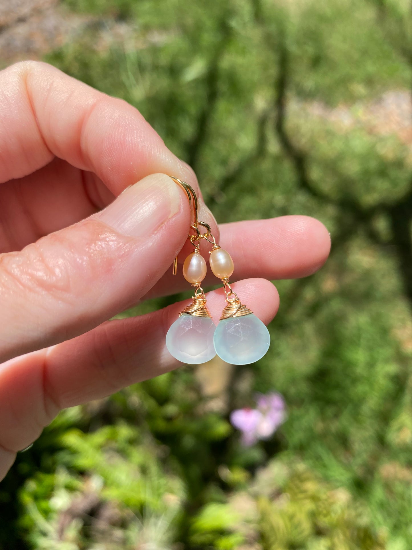 Delightful Aqua Chalcedony and petite pearl dangle earrings. Glowing & AMAZING natural gemstones and pearls. Available with more gemstones. Handmade in Hawaii with love 💗