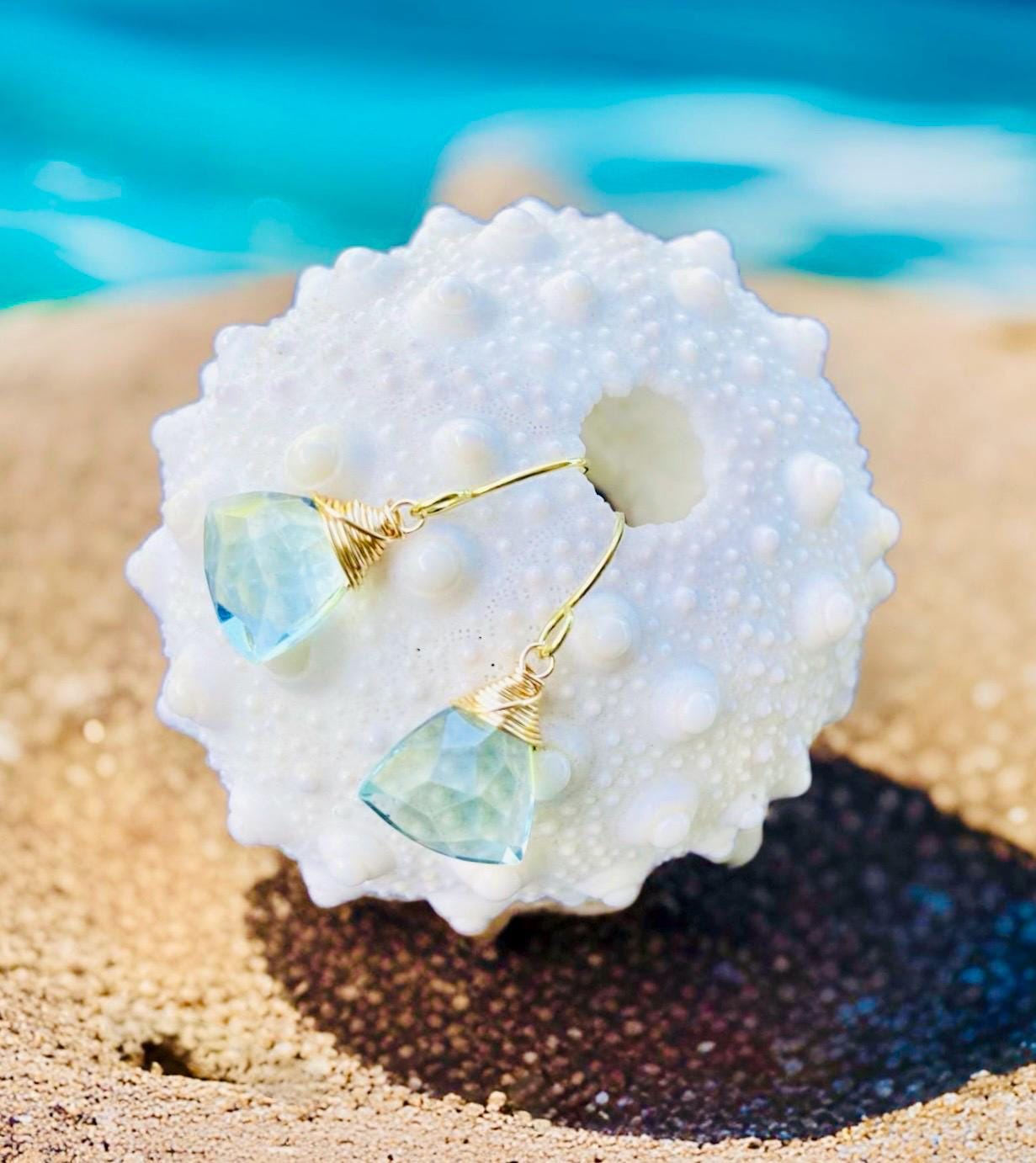 Aquamarine, Blue Topaz or Aqua Chalcedony triangle shaped dangle Earrings // Wire wrapped jewelry // Handmade in Hawaii with love //