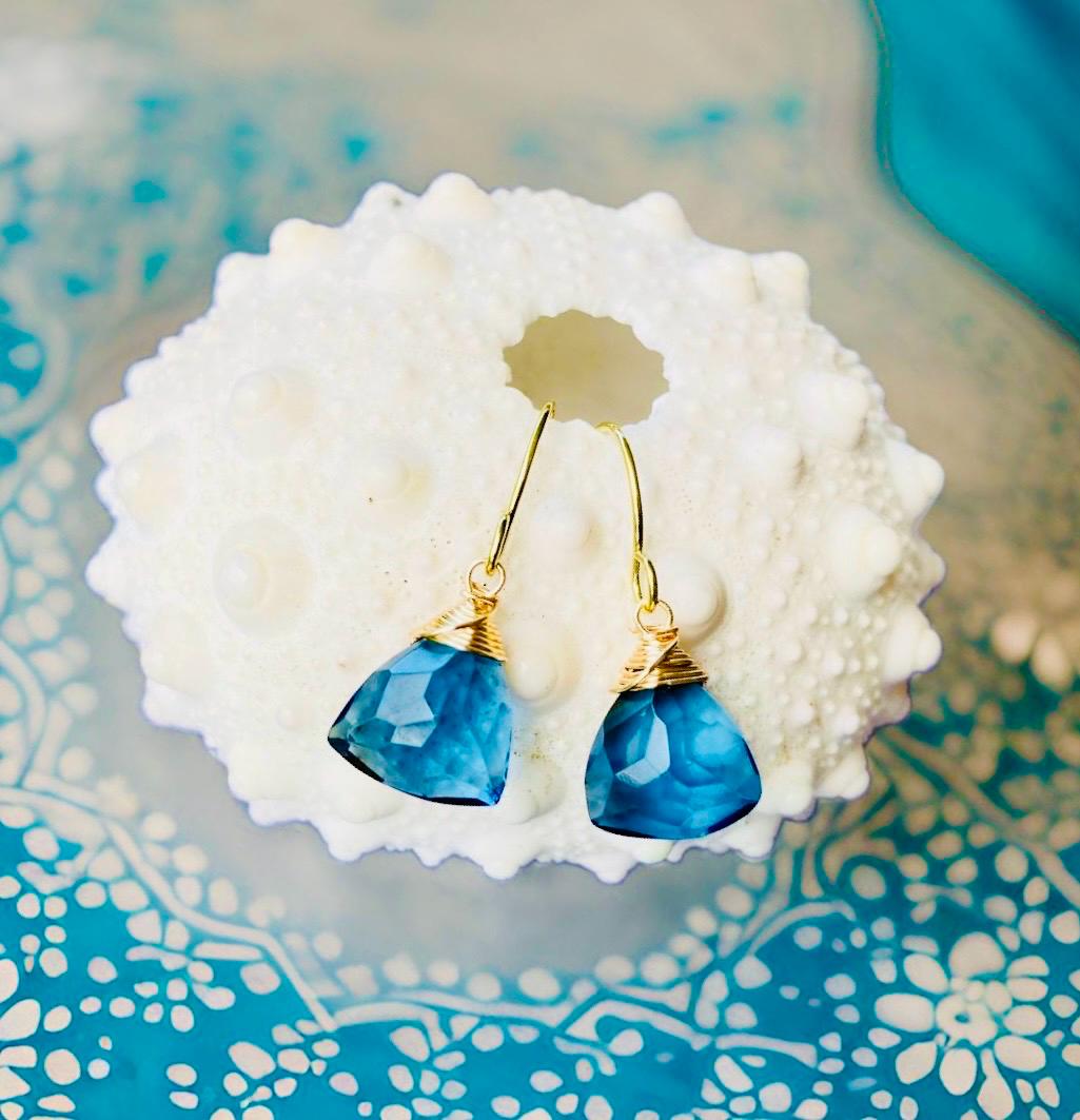 Aquamarine, Blue Topaz or Aqua Chalcedony triangle shaped dangle Earrings // Wire wrapped jewelry // Handmade in Hawaii with love //