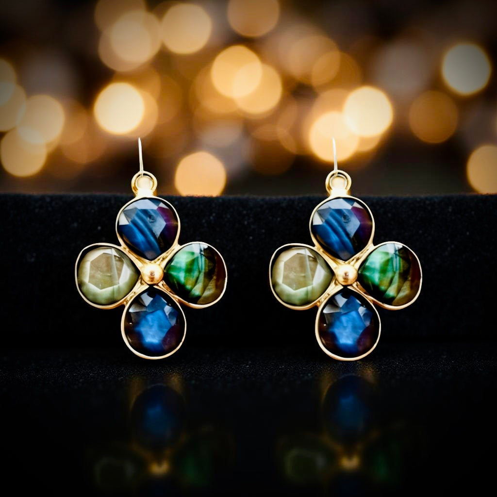 Delightful flower shaped gemstone earrings! Pick your Sparkling AAA gemstones: Labradorite and other semi precious gemstones! Handmade in Hawaii with love!