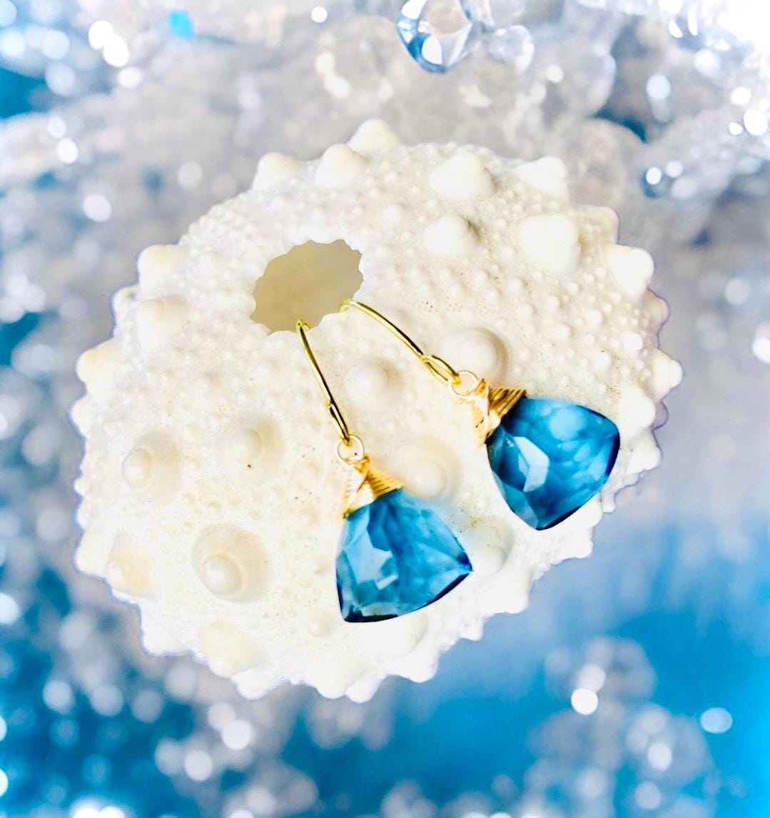 Aquamarine, Blue Topaz or Aqua Chalcedony triangle shaped dangle Earrings // Wire wrapped jewelry // Handmade in Hawaii with love //