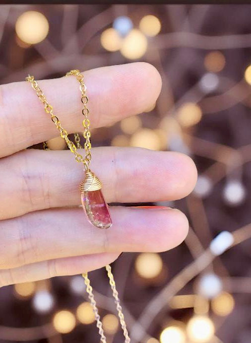 Deligthful Watermelon Tourmaline slice necklace and dangle earrings 🌸 One of a kind, 24K gold filled, wire wrapped natural, raw, vivid pink & green Watermelon Tourmaline Slice jewelry handmade in Hawaii with love 💗