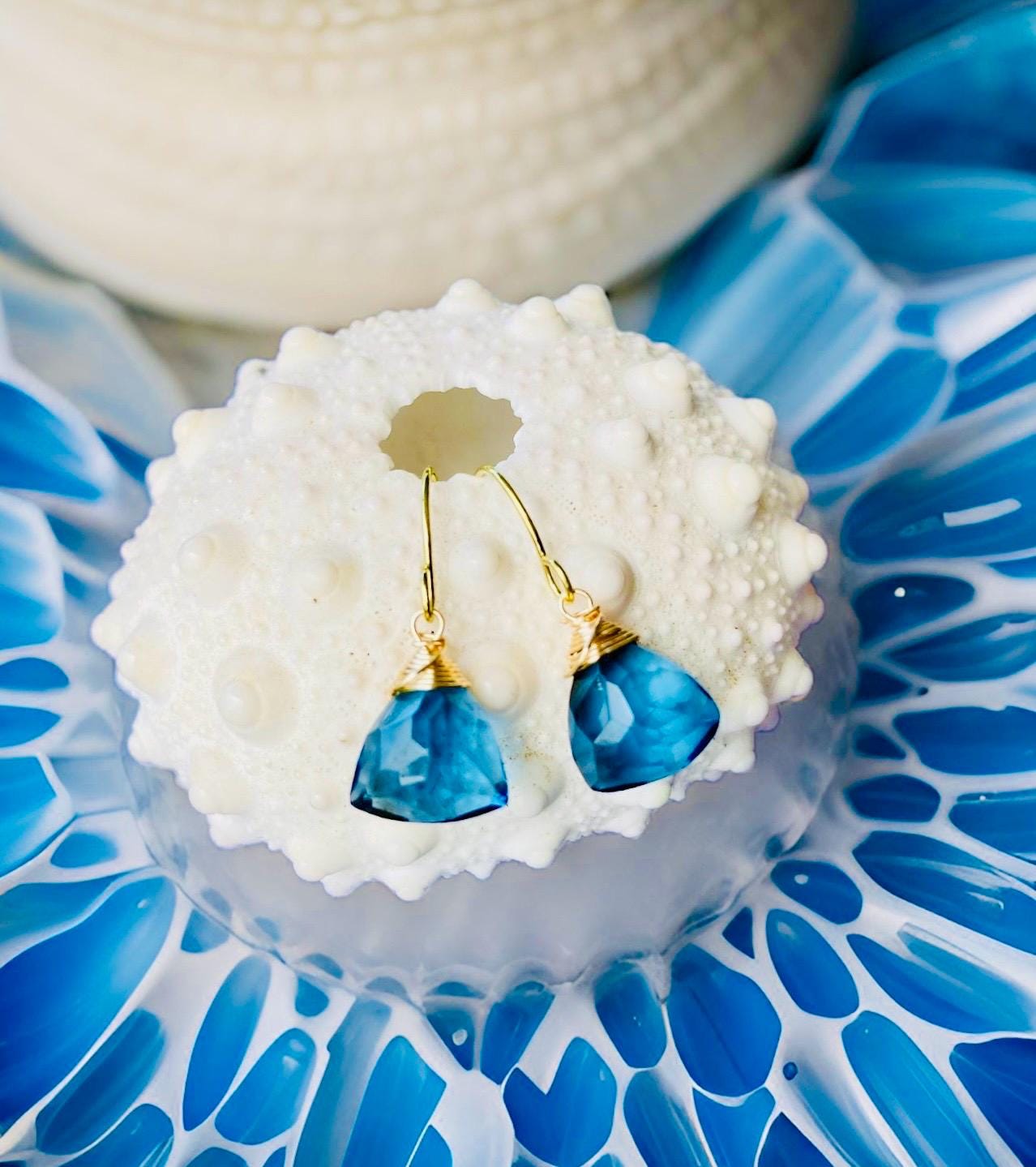 Aquamarine, Blue Topaz or Aqua Chalcedony triangle shaped dangle Earrings // Wire wrapped jewelry // Handmade in Hawaii with love //