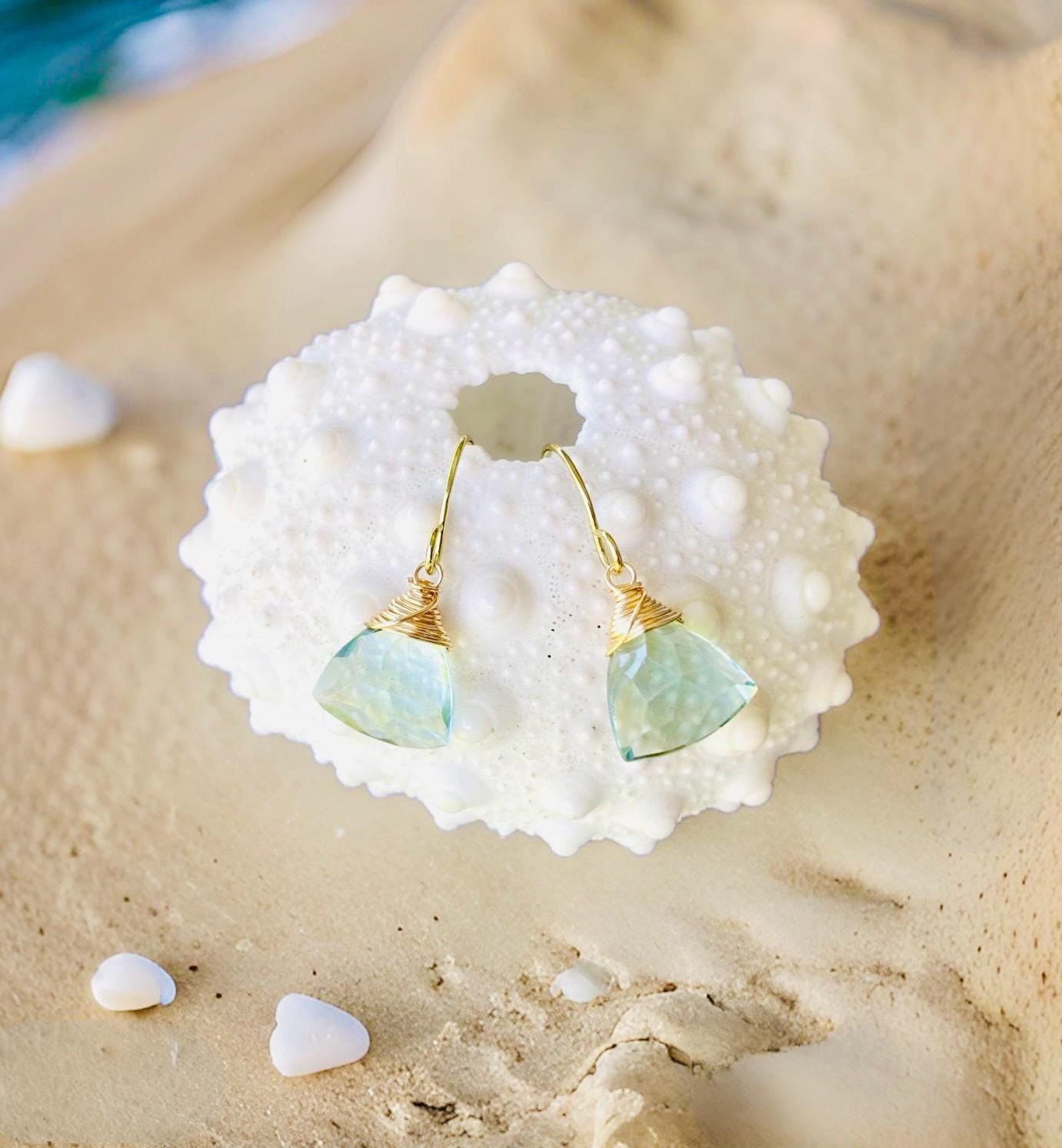 Aquamarine, Blue Topaz or Aqua Chalcedony triangle shaped dangle Earrings // Wire wrapped jewelry // Handmade in Hawaii with love //