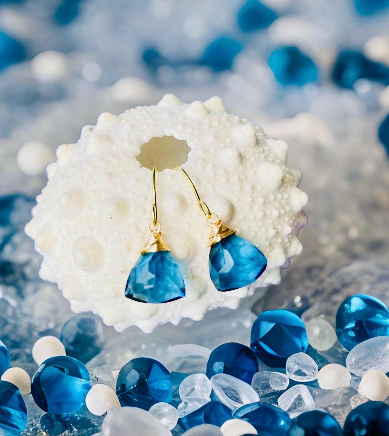 Aquamarine, Blue Topaz or Aqua Chalcedony triangle shaped dangle Earrings // Wire wrapped jewelry // Handmade in Hawaii with love //