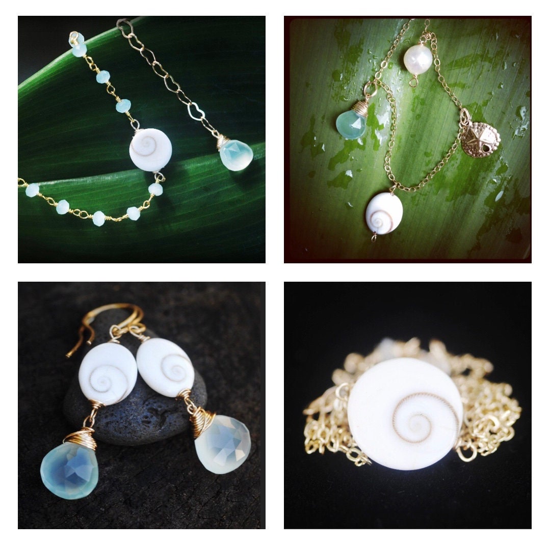 Mermaid Charm bracelet // Aqua Chalcedony or pick your gemstone , Eye of Shiva shell, pearl & Sanddollar // Hawaiian wire wrapped jewelry //