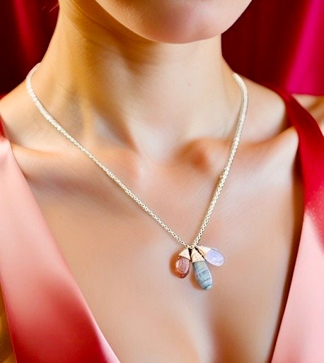 AMAZING Labradorite, Moonstone & Sunstone trio necklace // AMAZING, Glowing, AAA gemstones // Wire wrapped jewelry made in Hawaii with love //
