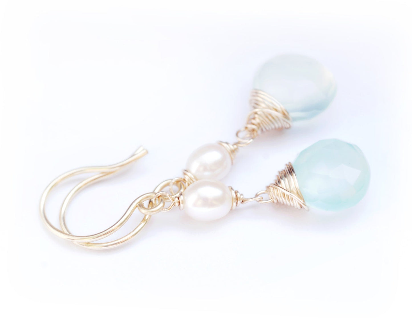 STUNNING Aqua Chalcedony and petite pearl dangle earrings. Glowing & AMAZING natural gemstones and pearls! Handmade in Hawaii with love!