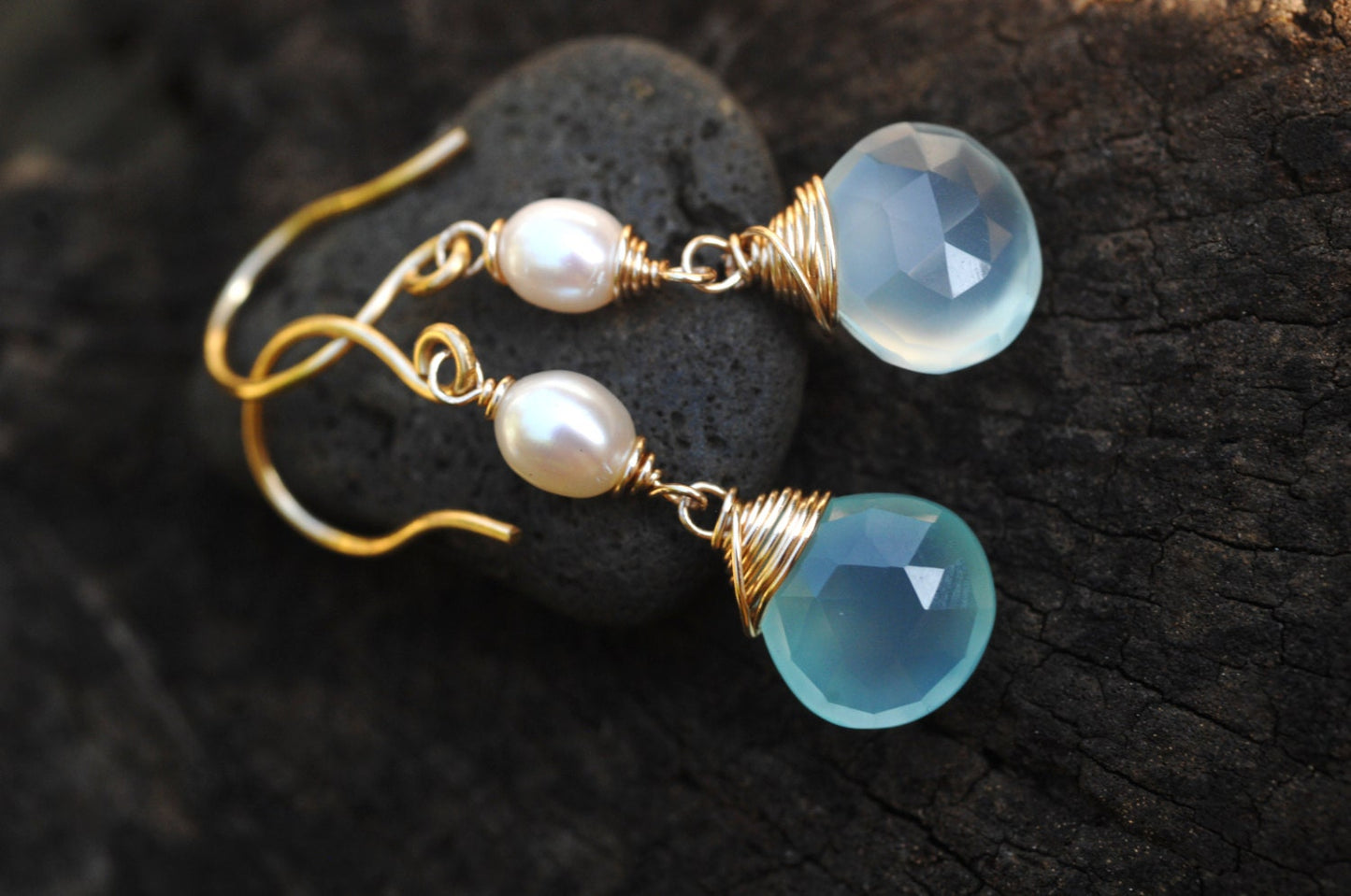 STUNNING Aqua Chalcedony and petite pearl dangle earrings. Glowing & AMAZING natural gemstones and pearls! Handmade in Hawaii with love!