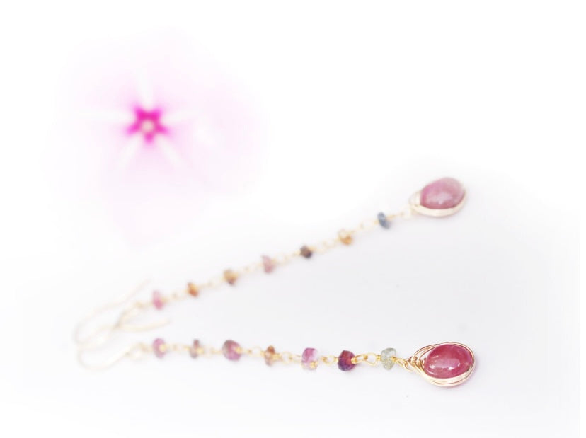 Watermelon Tourmaline dangle Earrings // Vivid pink herringbone wrapped pink stones & petite Watermelon Tourmaline crystals // Handmade in Hawaii with love //