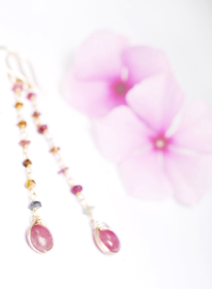 Watermelon Tourmaline dangle Earrings // Vivid pink herringbone wrapped pink stones & petite Watermelon Tourmaline crystals // Handmade in Hawaii with love //