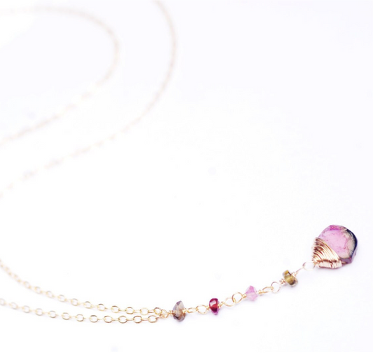 DELIGHTFUL Watermelon Tourmaline lariat slice necklace // Wire wrapped natural, pink & green, Watermelon Tourmaline // Made in Hawaii with love //