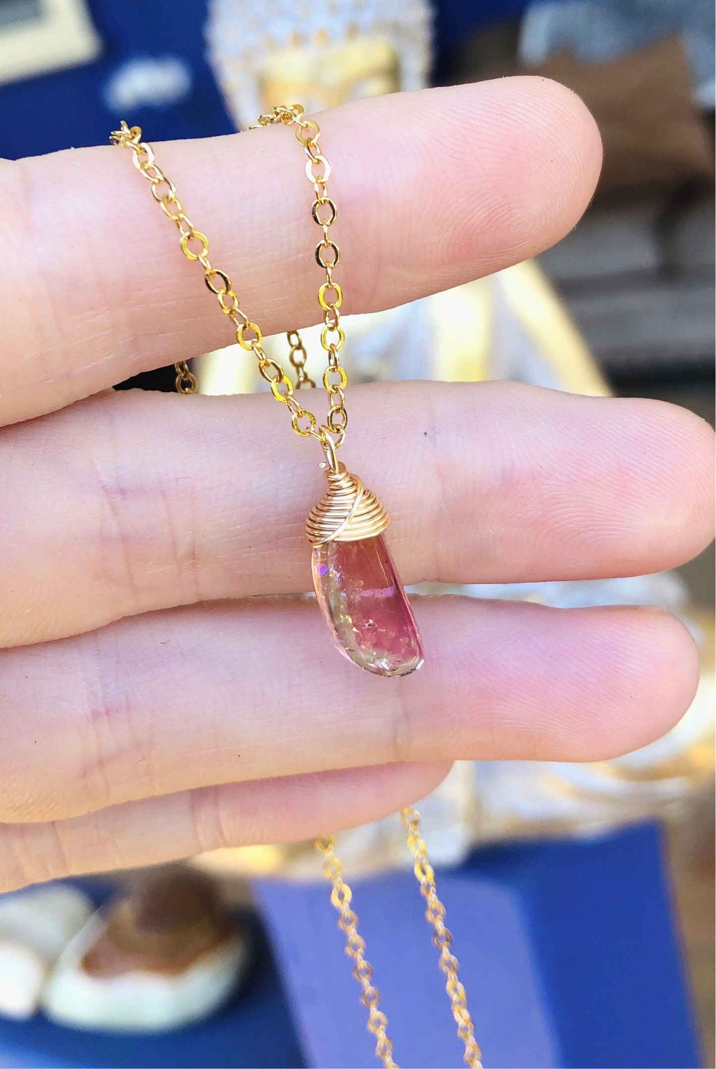 Deligthful Watermelon Tourmaline slice necklace and dangle earrings 🌸 One of a kind, 24K gold filled, wire wrapped natural, raw, vivid pink & green Watermelon Tourmaline Slice jewelry handmade in Hawaii with love 💗
