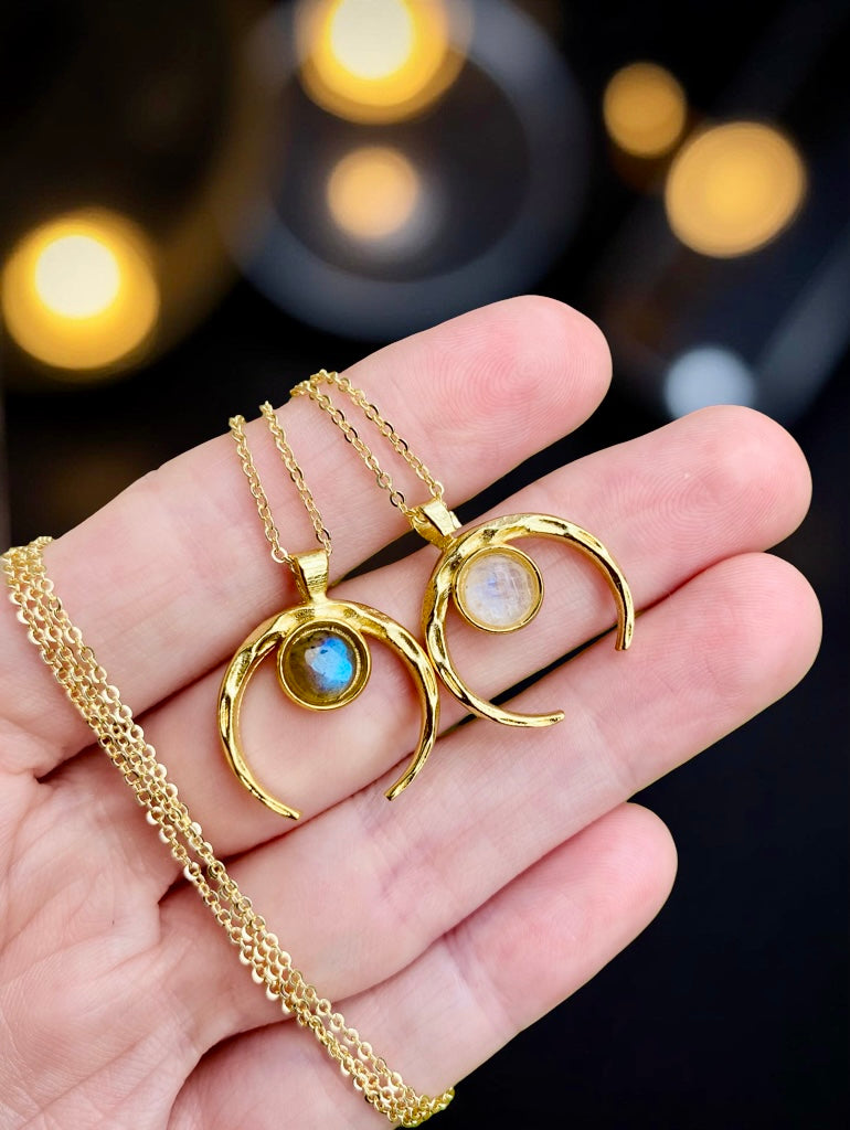 Rainbow MoonStone or Blue Labradorite hammered gold horn Necklace // High quality 24K Gold filled made in Hawaii with love //
