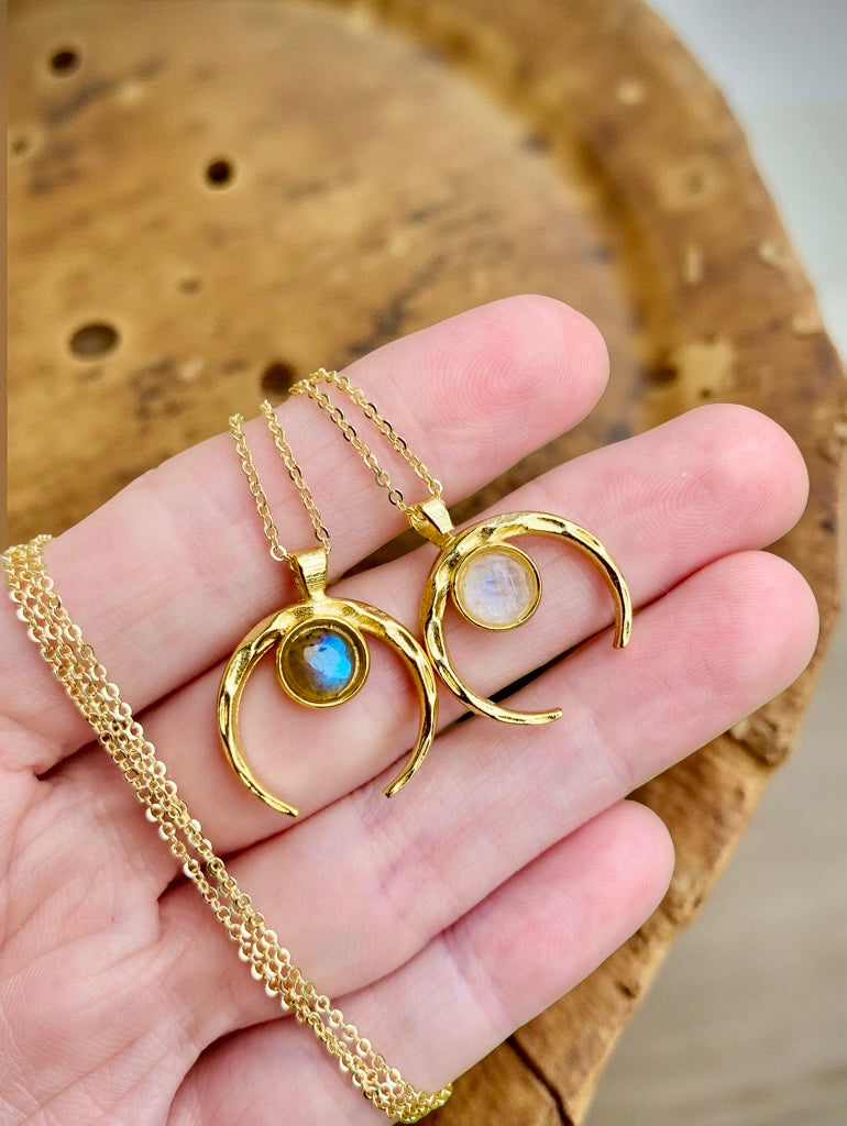 Rainbow MoonStone or Blue Labradorite hammered gold horn Necklace // High quality 24K Gold filled made in Hawaii with love //