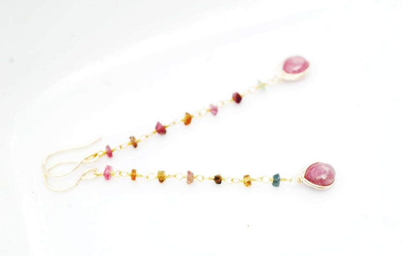 Watermelon Tourmaline dangle Earrings // Vivid pink herringbone wrapped pink stones & petite Watermelon Tourmaline crystals // Handmade in Hawaii with love //