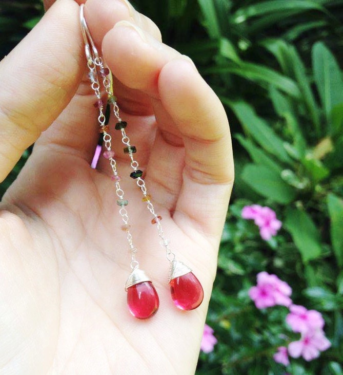 GORGEOUS Watermelon Tourmaline dangle Earrings // Vivid pink drops & petite Watermelon Tourmaline crystals // Handmade in Hawaii with love //