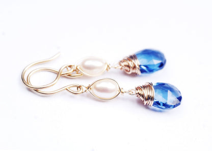 GORGEOUS Gemstone and Pearl dangle drop Earrings // London Blue, sky blue Topaz & other gems // Handmade in Hawaii with love //