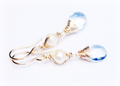 GORGEOUS Gemstone and Pearl dangle drop Earrings // London Blue, sky blue Topaz & other gems // Handmade in Hawaii with love //