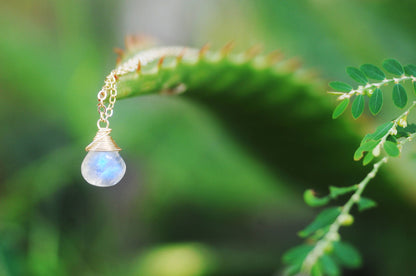 Rainbow Moonstone drop Necklace // Stunning & Unique, AAA, Blue flash quality gems // Wire wrapped  jewelry // Made in Hawaii with love //