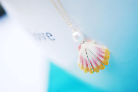 Genuine Hawaiian Sunrise Shell Necklace with beautiful AAA gemstone or pearl // Wire wrapped jewelry //  Handmade in Hawaii with love //