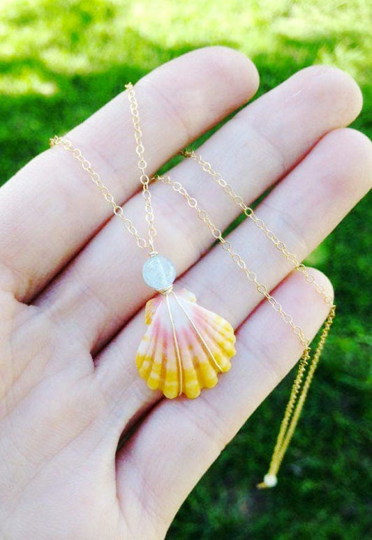 Absolutely gorgeous and super rare Sunrise Shell Necklace with AAA Gemstone or Pearl // Pick shell & stone // Wire wrapped jewelry // Handmade in Hawaii with love //