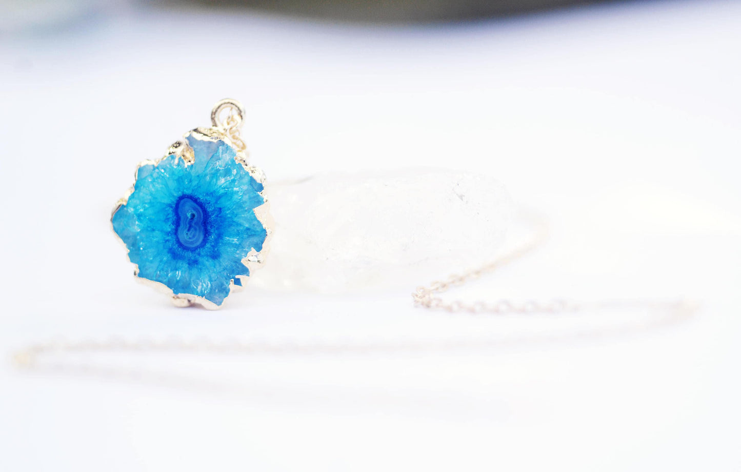 STUNNING Sparkling Solar quartz Geode Slice Necklace // Aqua Blue Agate gemstone // Wire wrapped jewelry // Made in Hawaii with love //