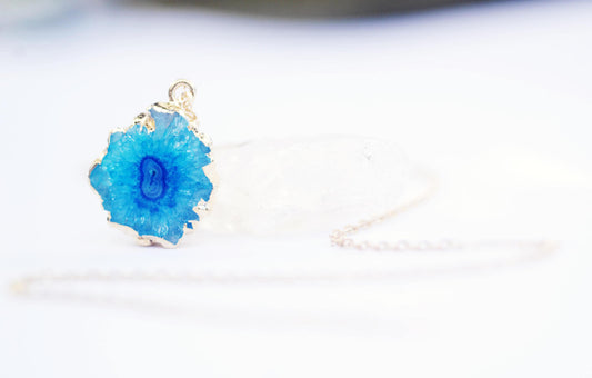 STUNNING Sparkling Solar quartz Geode Slice Necklace // Aqua Blue Agate gemstone // Wire wrapped jewelry // Made in Hawaii with love