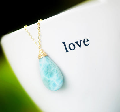 GORGEOUS Ocean Blue Larimar Gemstone Necklace rare AAA gemstones // Wire wrapped jewelry 24K Gold filled or sterling silver //Handmade in Hawaii with love //