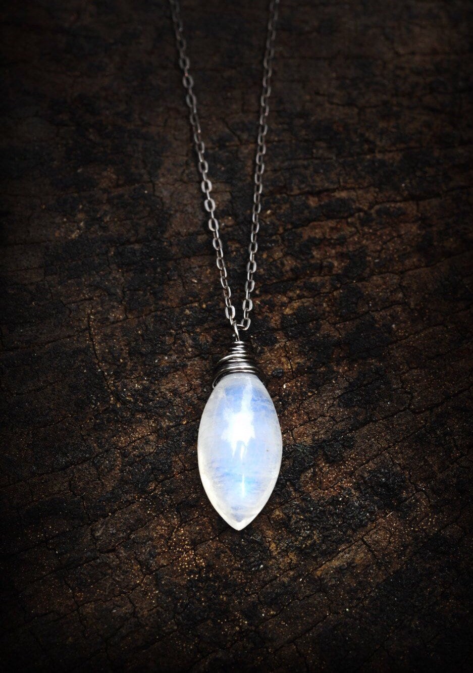 Glowing Marquise Rainbow Moon Stone Necklace // Amazing & Unique gemstones // Blue Flash moonstone // Wire wrapped Hawaiian jewelry //