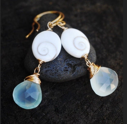 Eye of Shiva shell and Aqua sky Blue Topaz earrings // Healing gemstones  // Wire wrapped jewelry // Handmade in Hawaii with love //