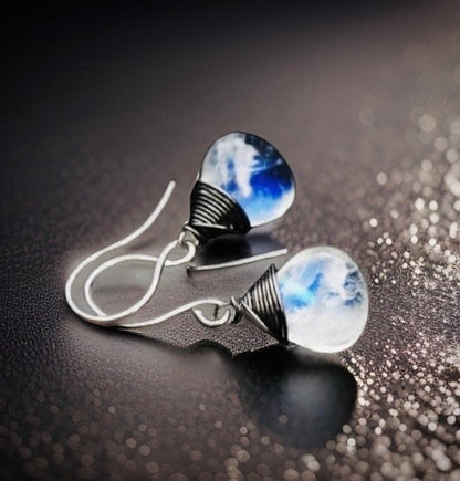 STUNNING Moon stone dangle earrings // AMAZING, AAA, blue flash, Rainbow Moonstone // Wire wrapped Jewelry // Lovingly handmade in Hawaii //