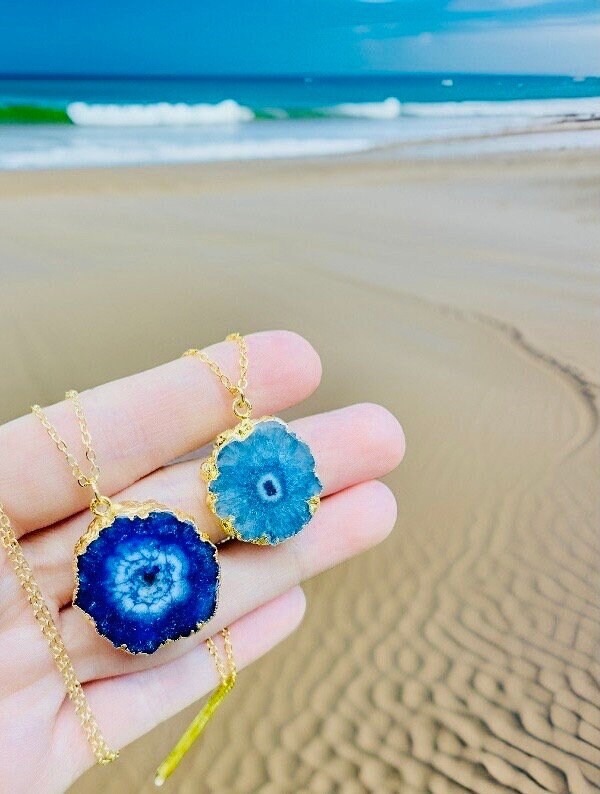 STUNNING Sparkling Solar quartz Geode Slice Necklace // Aqua Blue Agate gemstone // Wire wrapped jewelry // Made in Hawaii with love //