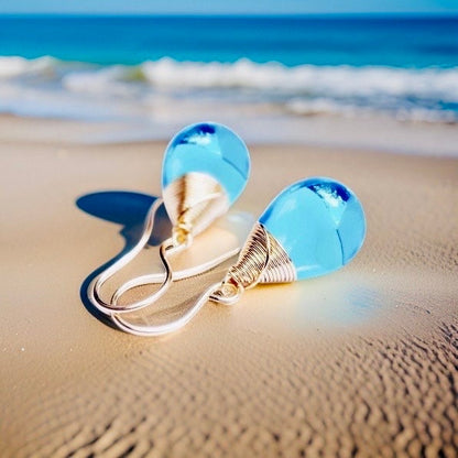 Gorgeous recycled blue glass drop earrings! Ocean inspired eco friendly wrapped in quality gold or silver wire handmade in hawaii with love //