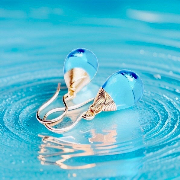 Gorgeous recycled blue glass drop earrings! Ocean inspired eco friendly wrapped in quality gold or silver wire handmade in hawaii with love //