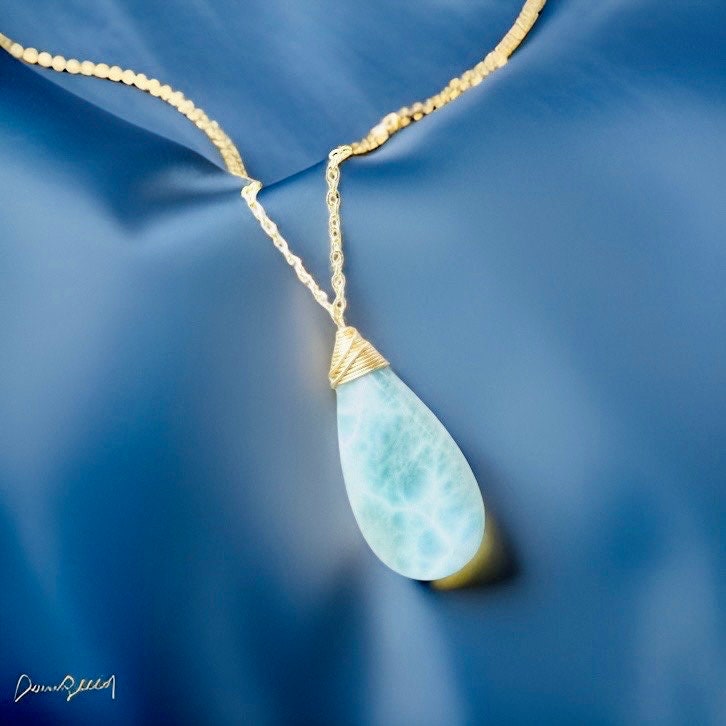 GORGEOUS Ocean Blue Larimar Gemstone Necklace rare AAA gemstones // Wire wrapped jewelry 24K Gold filled or sterling silver //Handmade in Hawaii with love //