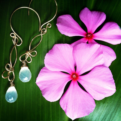 Chalcedony Drop Earrings // Genuine AAA semi precious gem stones // Healing stones // Hawaiian Wire wrapped jewelry // Nature Inspired Art//