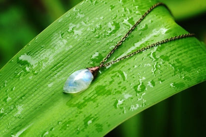 Glowing Marquise Rainbow Moon Stone Necklace // Amazing & Unique gemstones // Blue Flash moonstone // Wire wrapped Hawaiian jewelry //