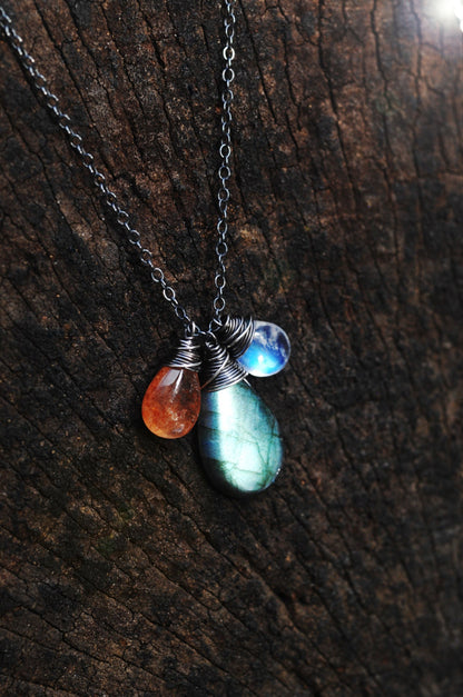 AMAZING Labradorite, Moonstone & Sunstone trio necklace // AMAZING, Glowing, AAA gemstones // Wire wrapped jewelry made in Hawaii with  love //