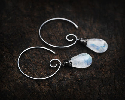 Moonstone Dream Swirly hoop Earrings // AAA Rainbow moonstone drops on Oxidized sterling silver ear hooks //Handmade in Hawaii with love //