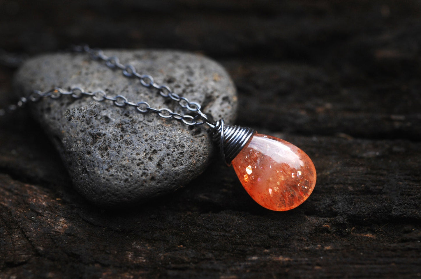 Sparkling SunStone gemstone Necklace // Wire wrapped jewelry // Fire Goddess Pele // Little drop of sunshine // Handmade in Hawaii with love //