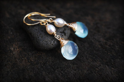 STUNNING Aqua Chalcedony and petite pearl dangle earrings // Glowing & AMAZING natural gemstones and pearls // Handmade in Hawaii with love //