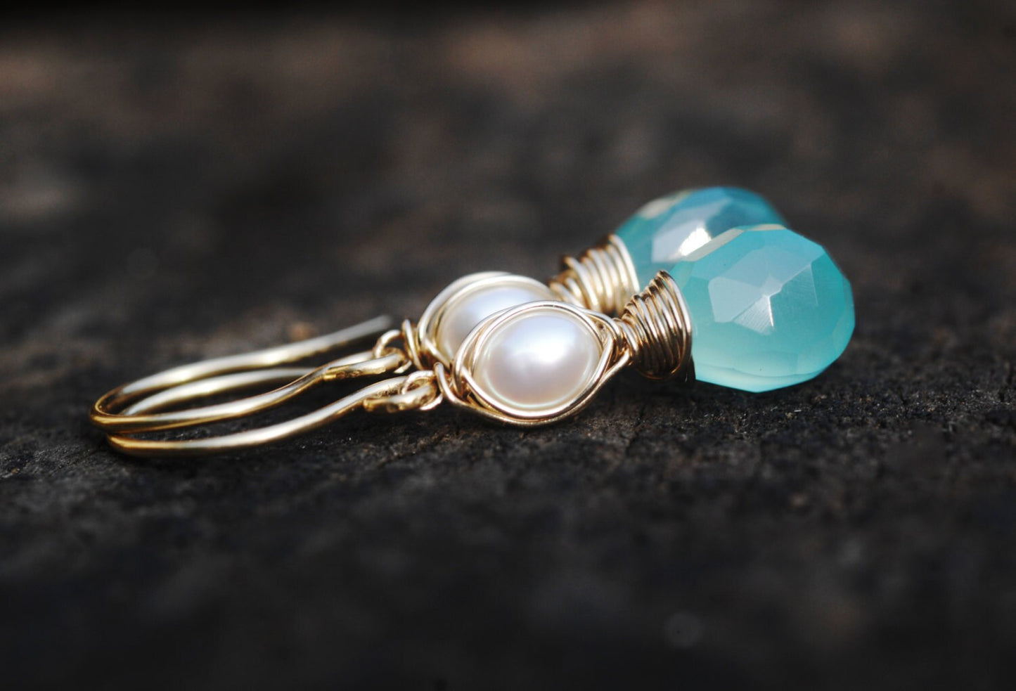 GLOWING & GORGEOUS Aqua Chalcedony and petite pearl dangle earrings // AMAZING natural gemstones and pearls // Lovingly handmade in Hawaii //