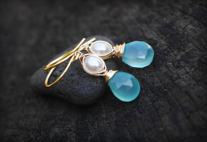 GLOWING & GORGEOUS Aqua Chalcedony and petite pearl dangle earrings // AMAZING natural gemstones and pearls // Lovingly handmade in Hawaii //