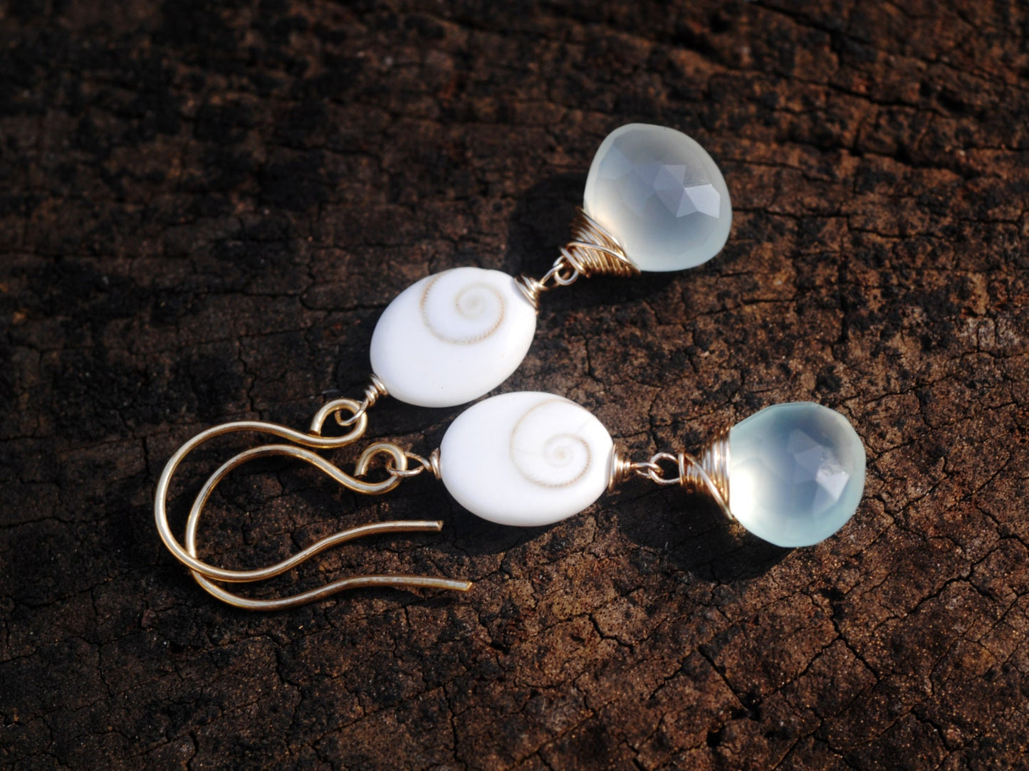 GORGEOUS Aqua Chalcedony & Eye of Shiva shell dangle earrings // Natural Gemstones // Wire wrapped jewelry // Lovingly handmade in Hawaii //