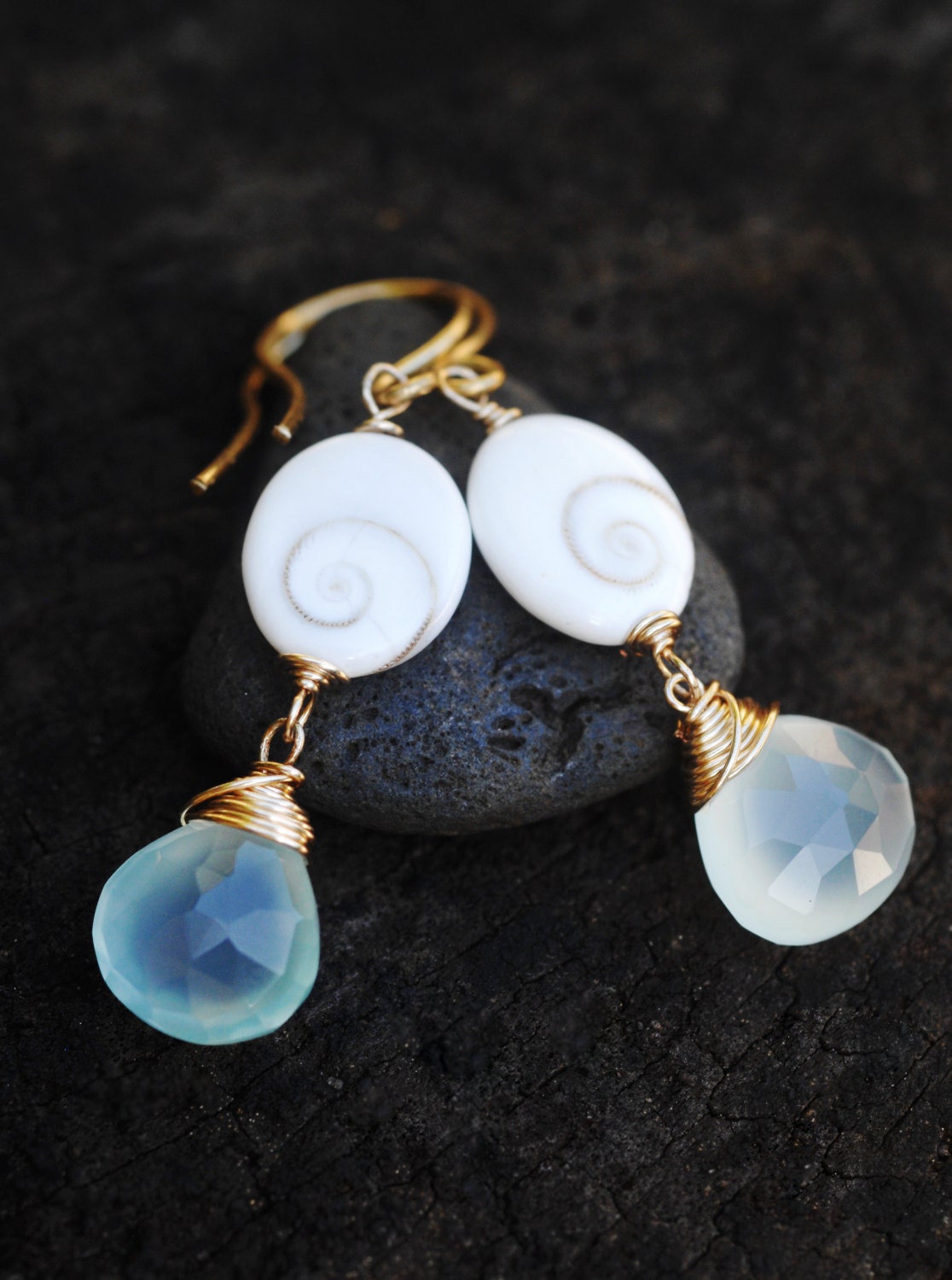 GORGEOUS Aqua Chalcedony & Eye of Shiva shell dangle earrings // Natural Gemstones // Wire wrapped jewelry // Lovingly handmade in Hawaii //