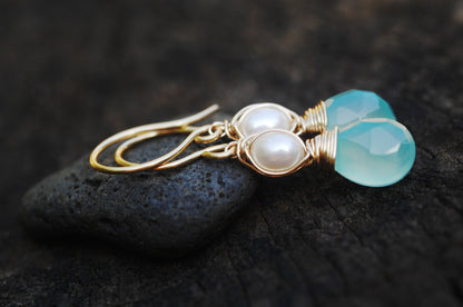 GLOWING & GORGEOUS Aqua Chalcedony and petite pearl dangle earrings // AMAZING natural gemstones and pearls // Lovingly handmade in Hawaii //