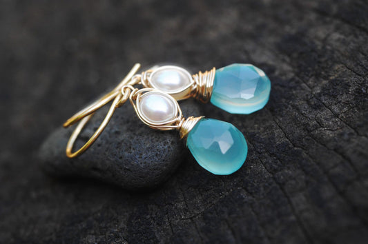 GLOWING & GORGEOUS Aqua Chalcedony and petite pearl dangle earrings // AMAZING natural gemstones and pearls // Lovingly handmade in Hawaii //