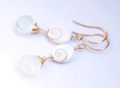 GORGEOUS Aqua Chalcedony & Eye of Shiva shell dangle earrings // Natural Gemstones // Wire wrapped jewelry // Lovingly handmade in Hawaii //