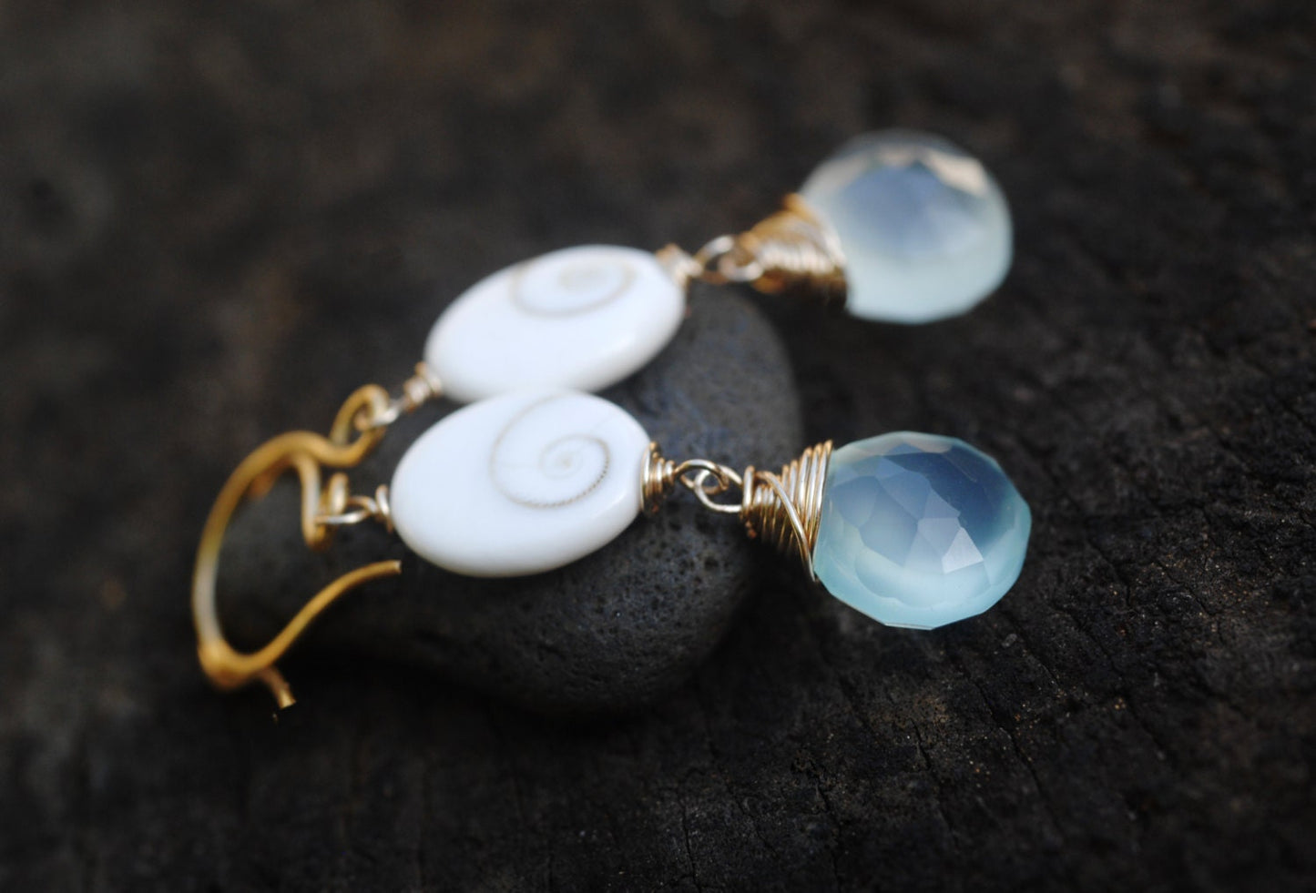 GORGEOUS Aqua Chalcedony & Eye of Shiva shell dangle earrings // Natural Gemstones // Wire wrapped jewelry // Lovingly handmade in Hawaii //